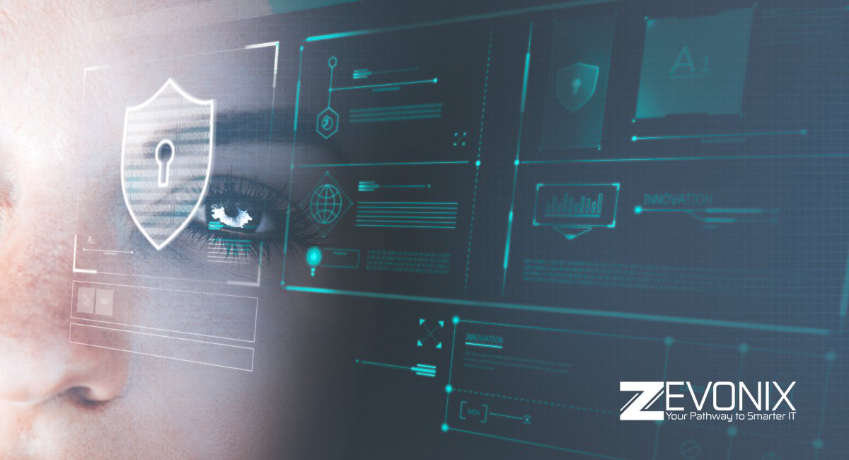 Close-up of a person's eye analyzing digital cybersecurity data with Zevonix logo and 'Your Pathway to Smarter IT