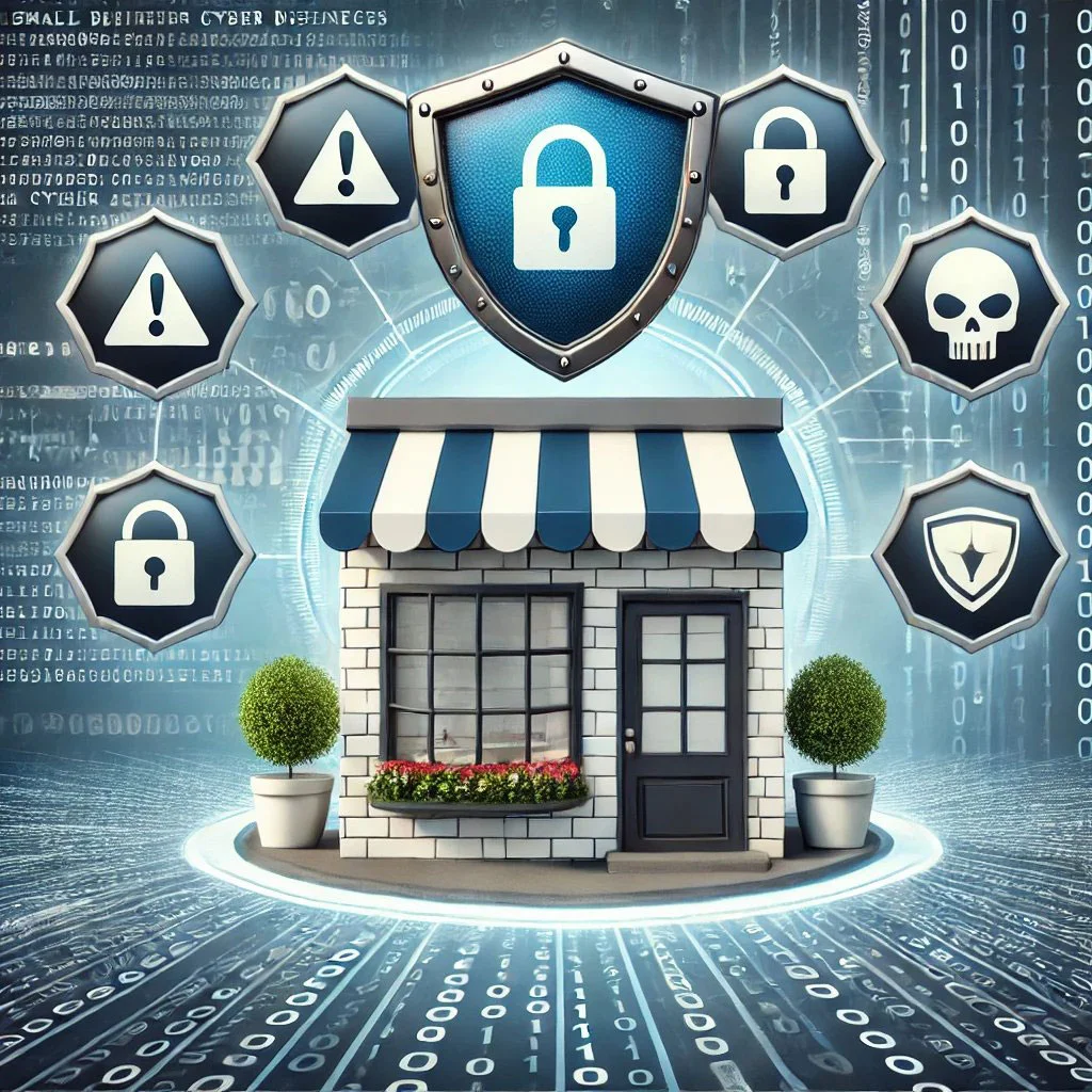 Small storefront surrounded by cybersecurity icons like lock, shield, and skull symbols, with a digital shield overlay representing protection from cyber threats.