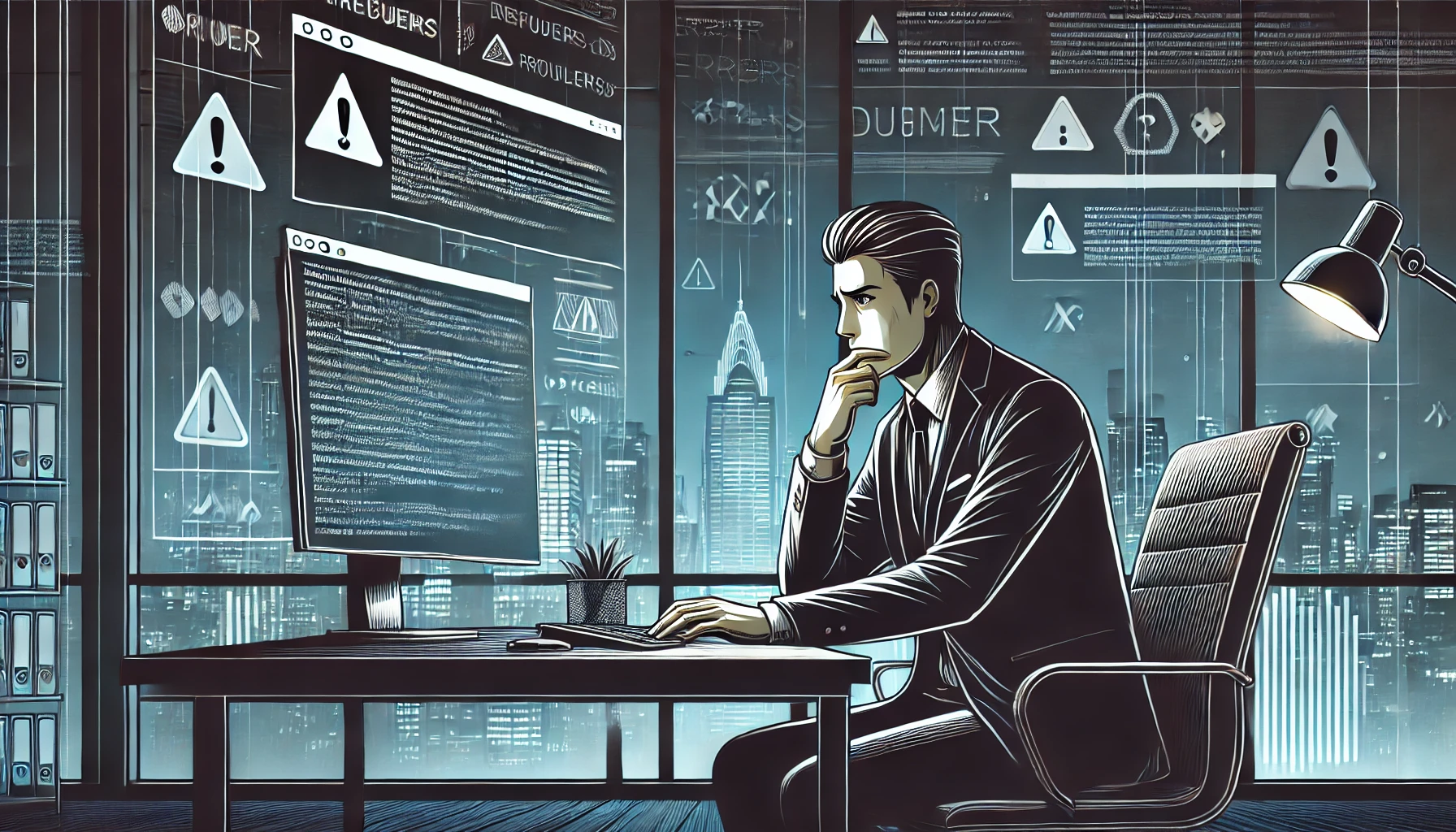 A business professional in a modern office at night, looking concerned while facing a computer screen surrounded by subtle error messages and warning symbols. A city skyline is visible in the background through the window.