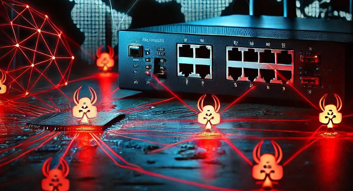 Close-up of a network router surrounded by glowing red lines, symbolizing botnet activity in a cybersecurity-themed setting with a world map backdrop.