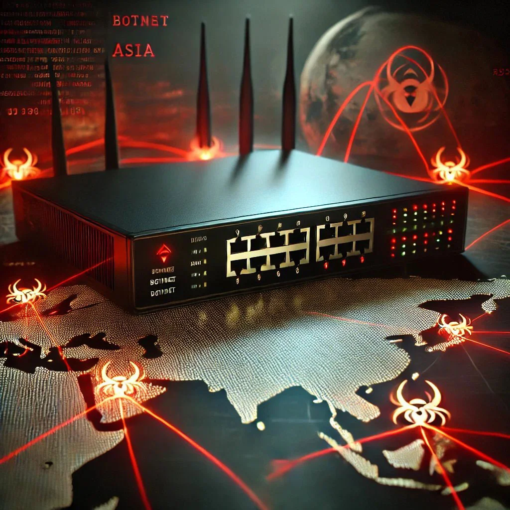 Close-up of a network router with glowing red lines symbolizing botnet activity, overlaid on a map of Asia, representing Volt Typhoon's cyber threat