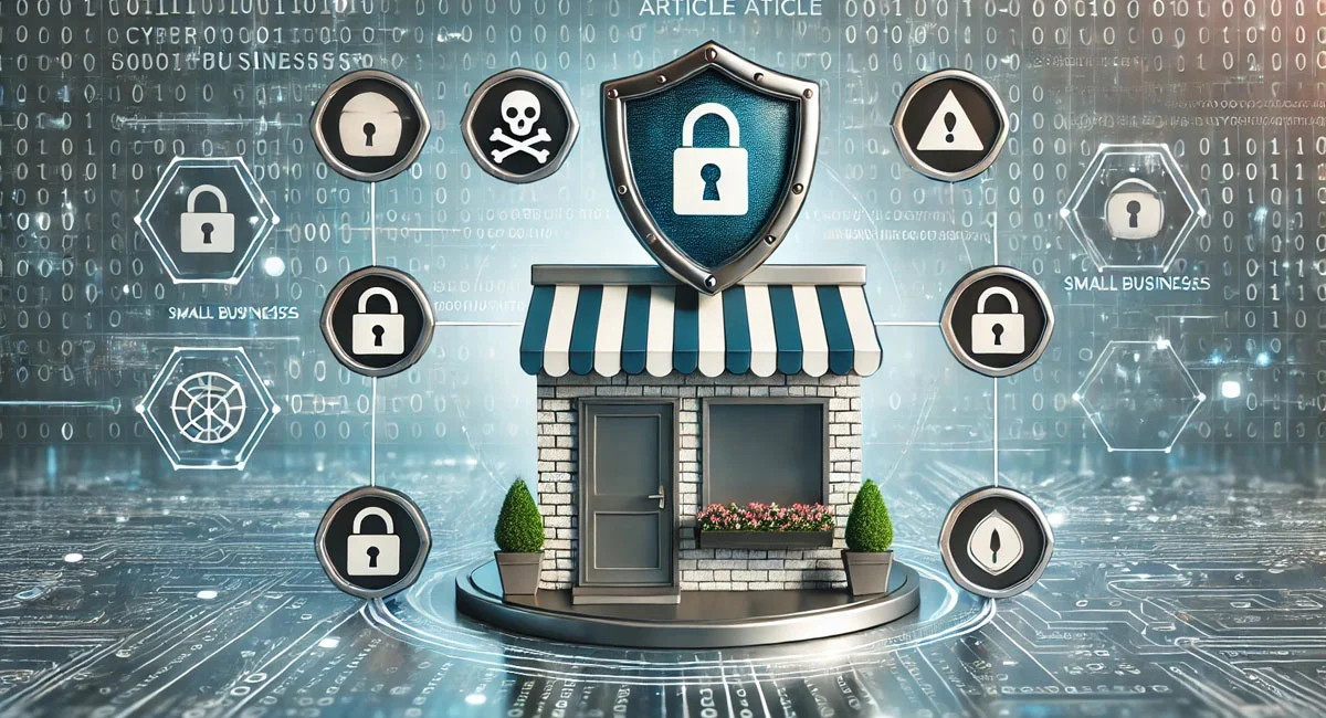 Small storefront surrounded by cybersecurity icons like lock, shield, and skull symbols, with a digital shield overlay representing protection from cyber threats.