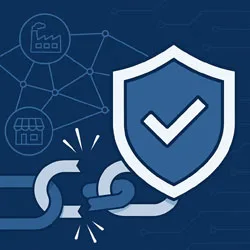 supply chain cyber risk: Illustration showing a broken chain and cybersecurity shield representing supply chain protection.