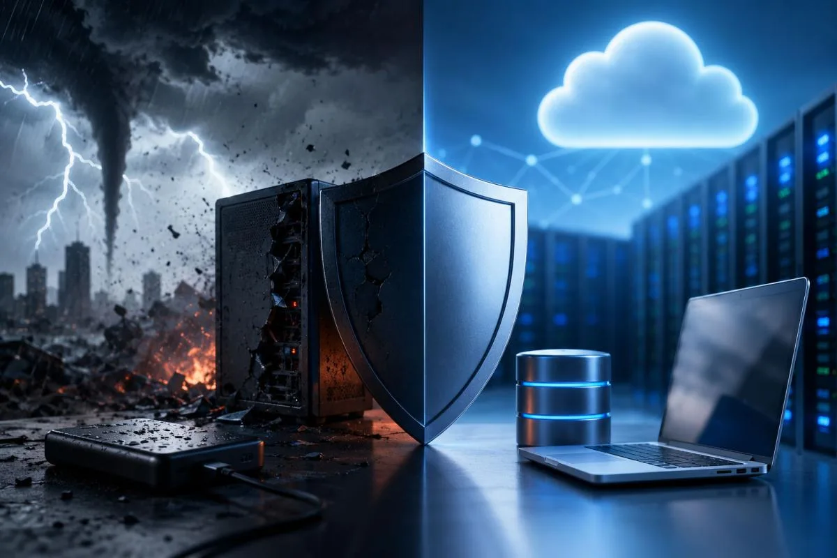 Illustration comparing backup and disaster recovery with a damaged server during a storm on one side and secure cloud infrastructure with protected data on the other.