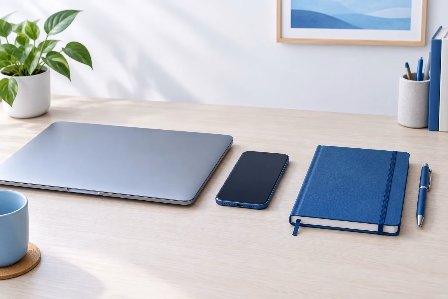 A smartphone and closed laptop arranged separately on a tidy desk.