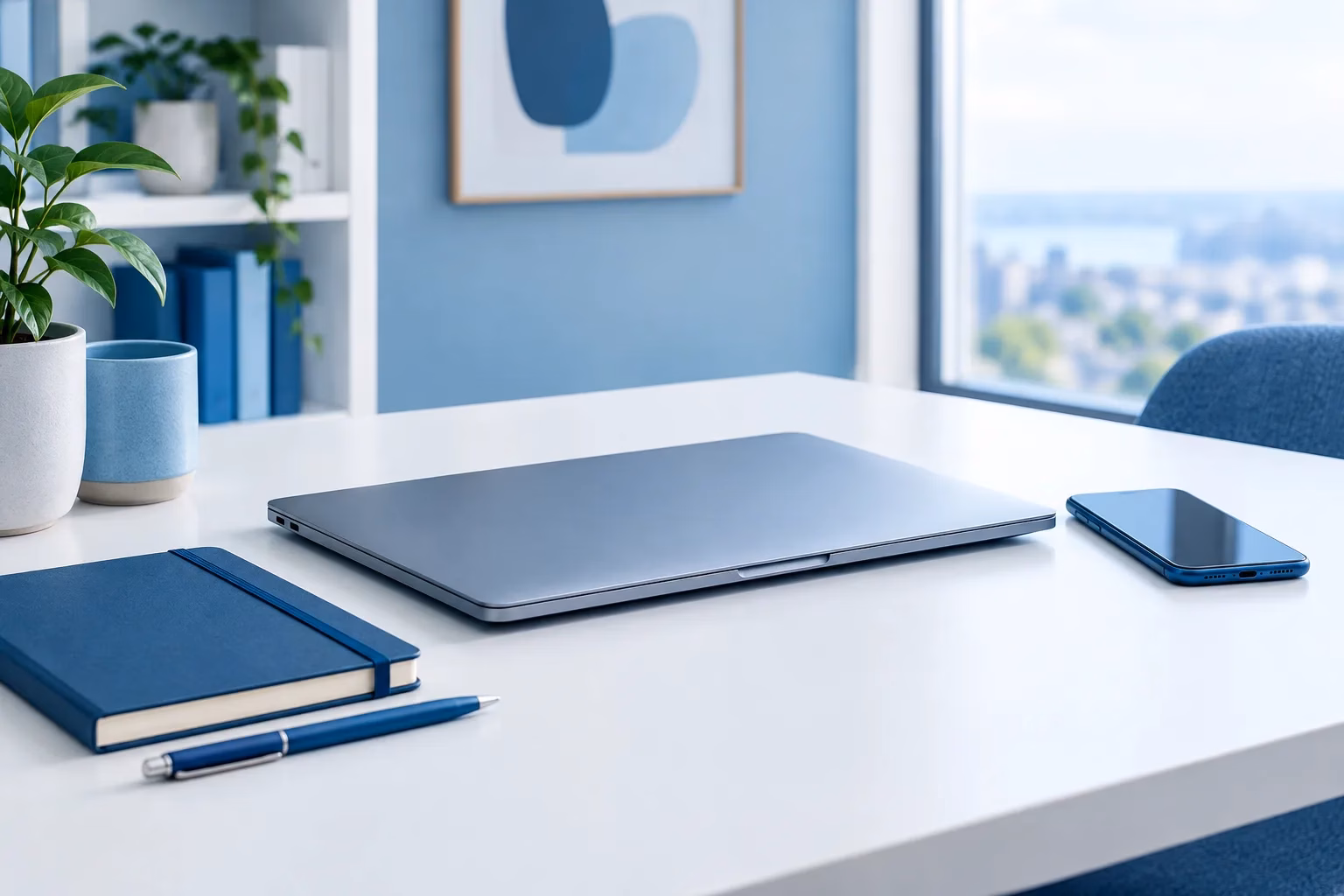 A closed laptop, notebook, and phone on a tidy office desk.