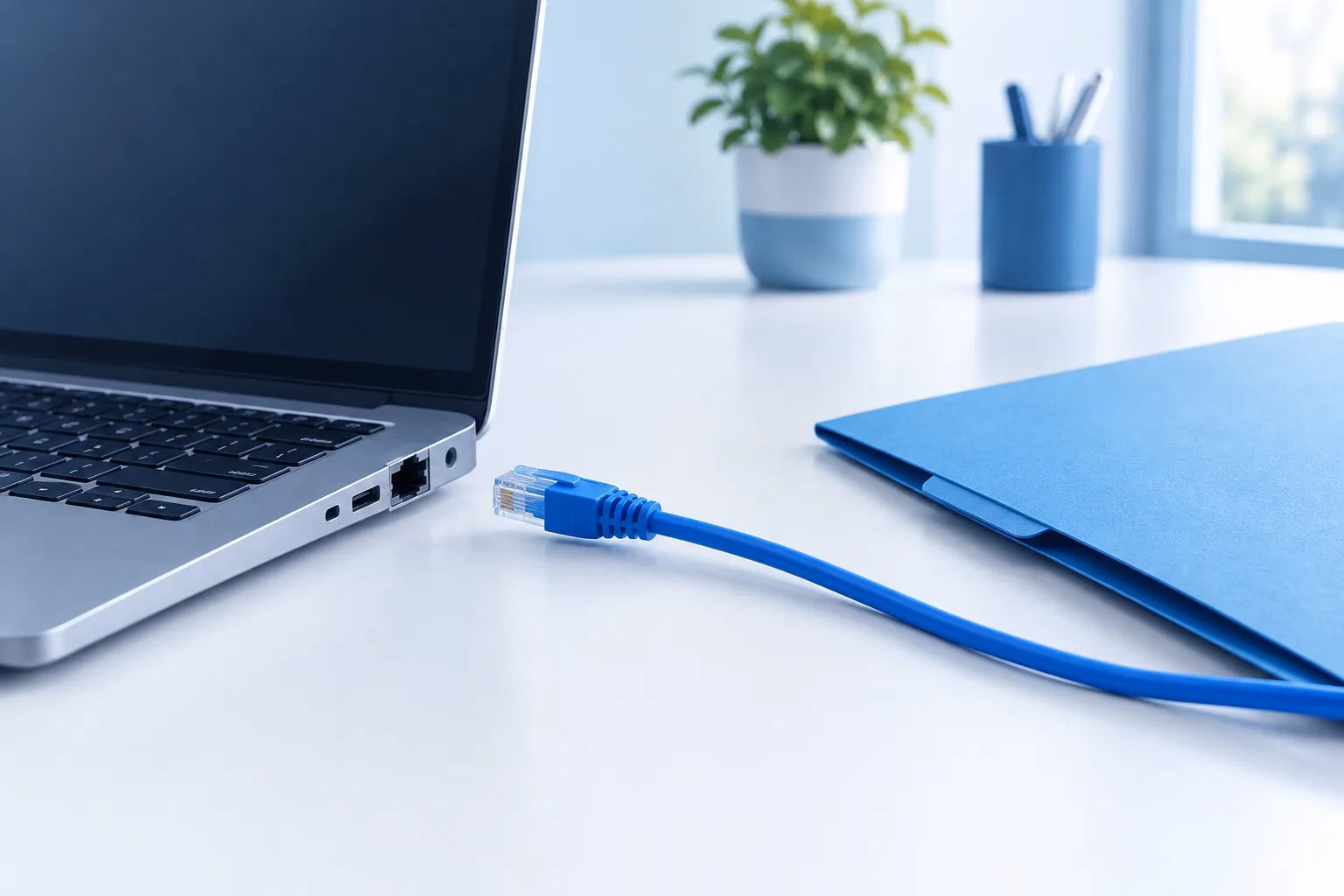 Employee Clicked A Phishing Link: What To Do First - Employee Clicked Phishing Link What To Do 2 - Zevonix Laptop beside an unplugged network cable and a plain folder.
