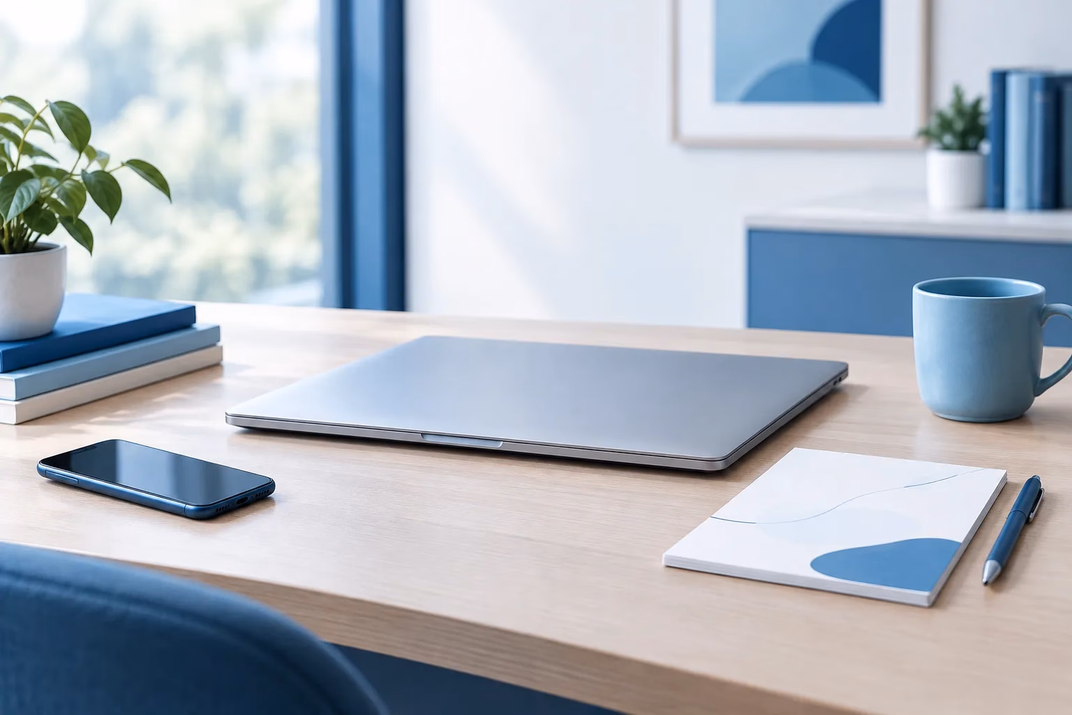 Closed laptop and blank notepad on a desk in a calm office setting.