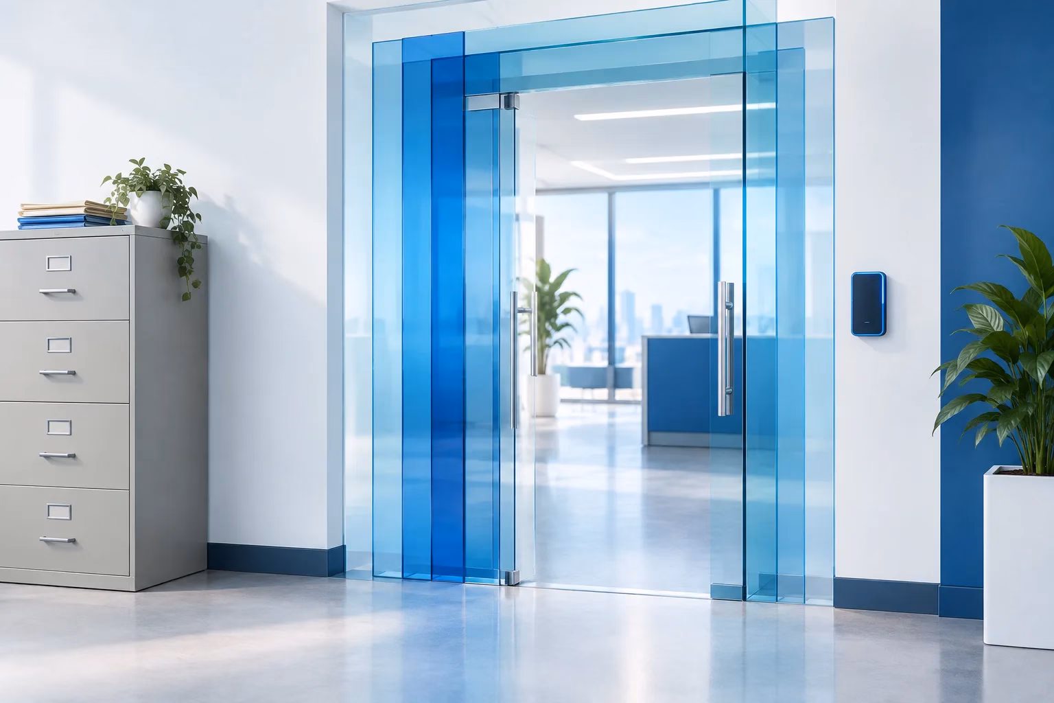 Abstract glass entryway beside a filing cabinet, representing MFA protection for older business applications.