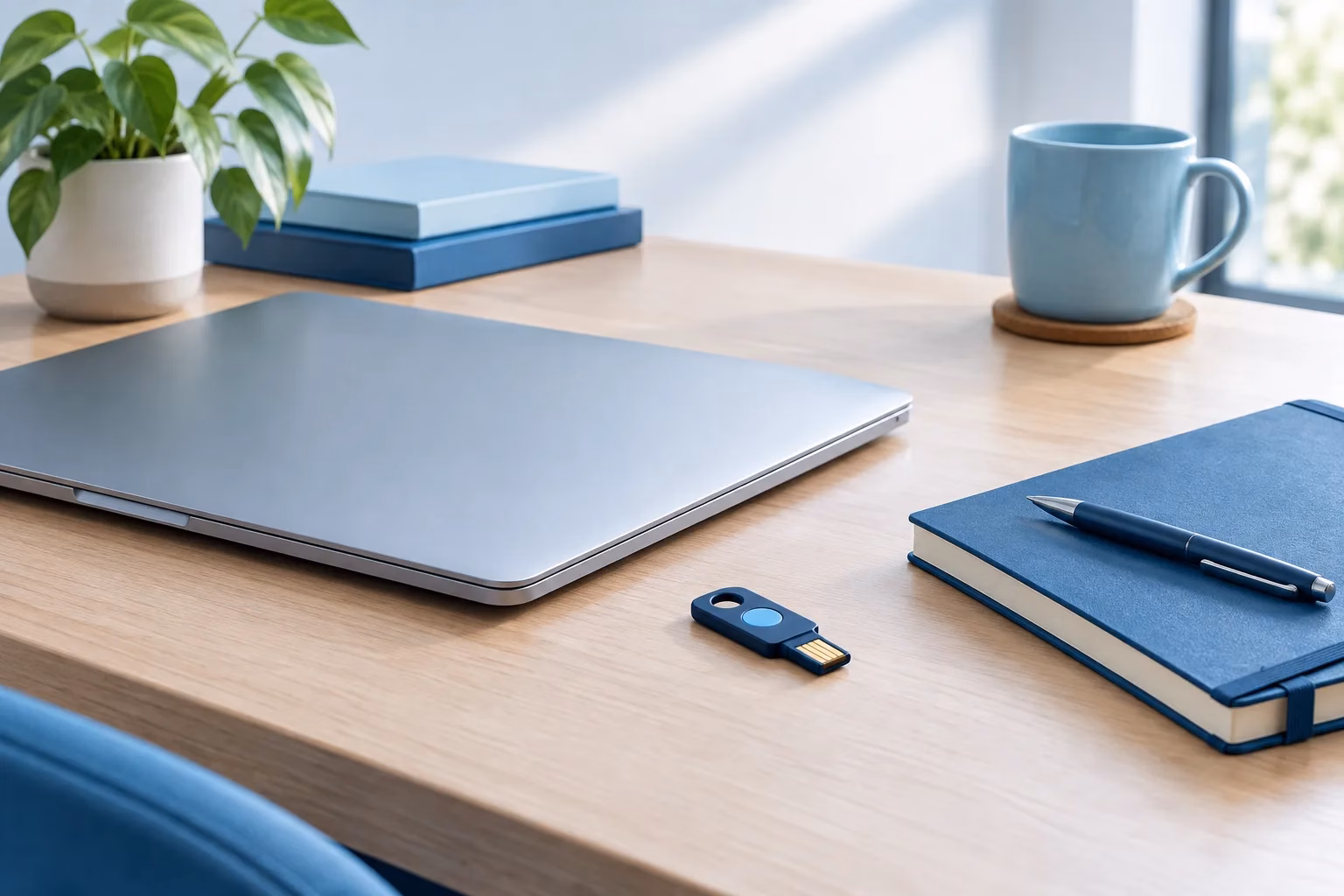 Laptop and security token on a tidy desk in soft natural light.